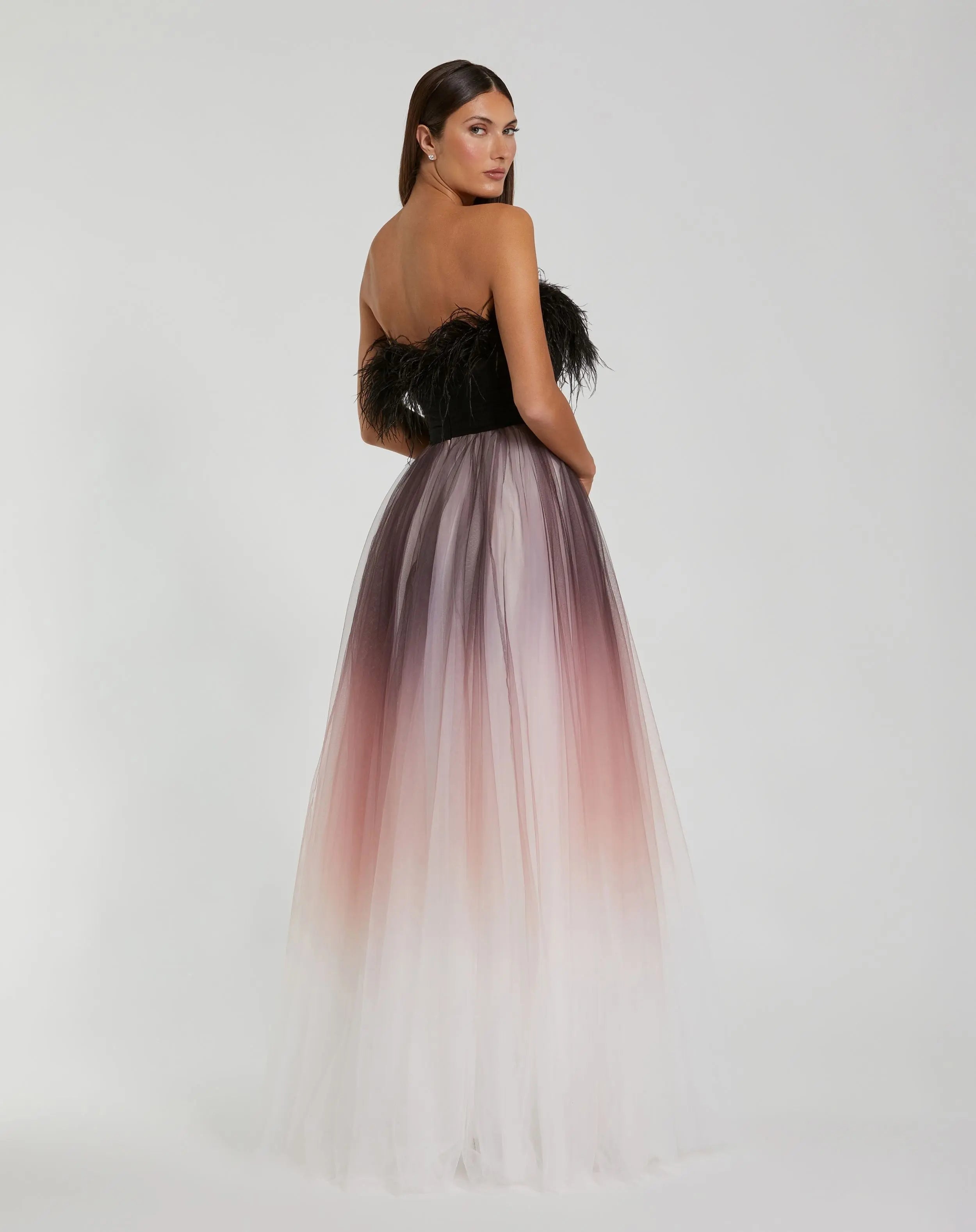 Black Ombre Strapless Feather Bodice Tulle Gown