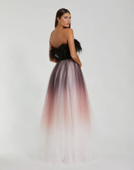 Black Ombre Strapless Feather Bodice Tulle Gown