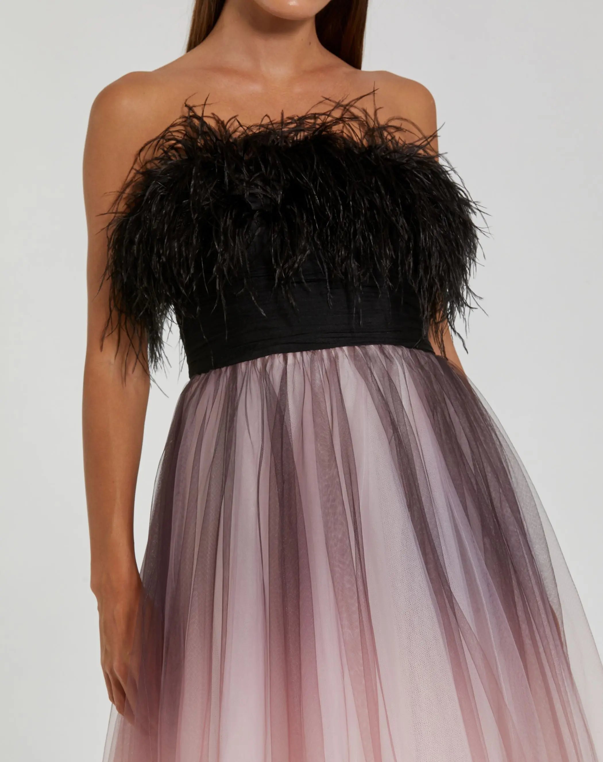 Black Ombre Strapless Feather Bodice Tulle Gown