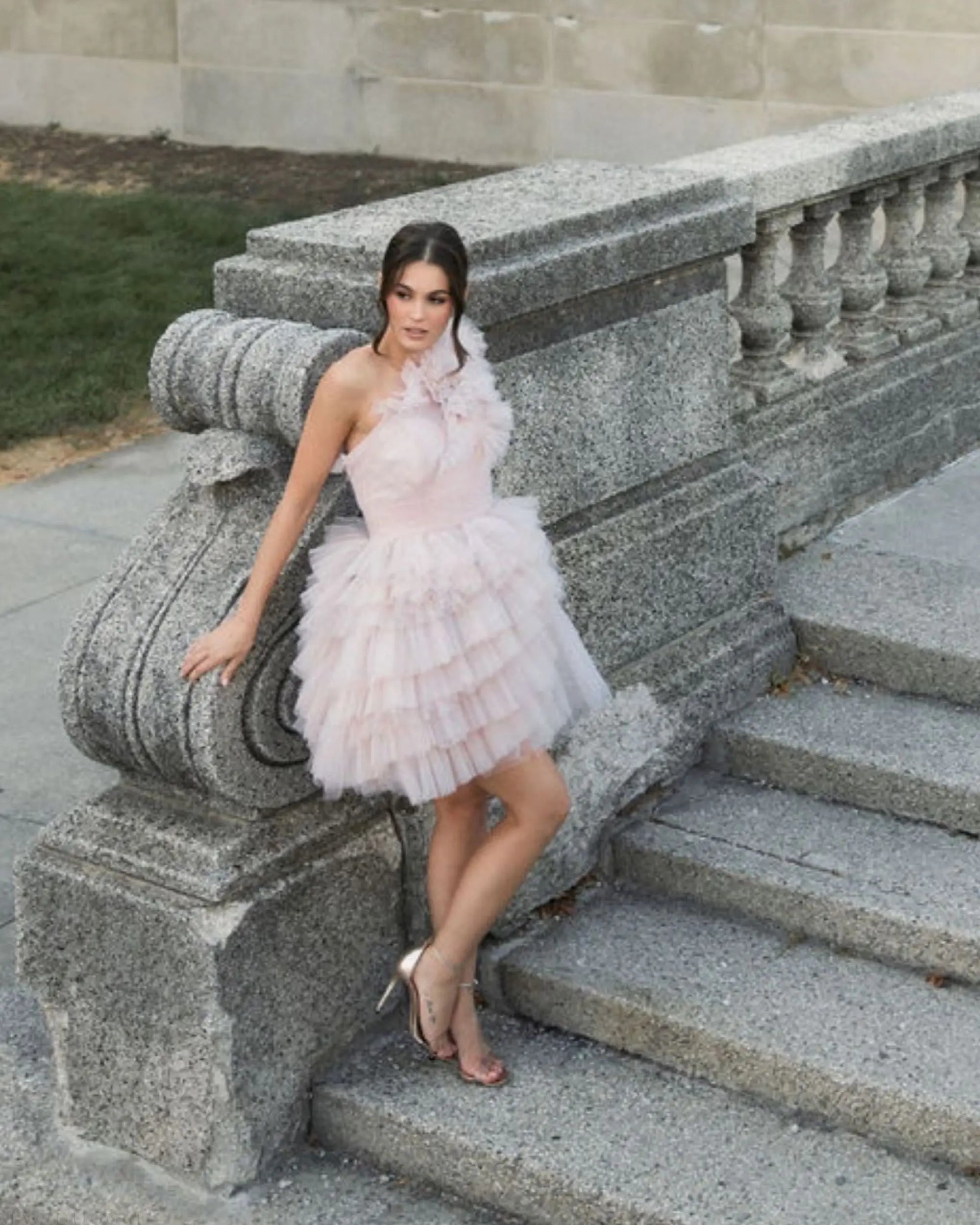 Pink Tulle Ruffle One Shoulder Mini Dress