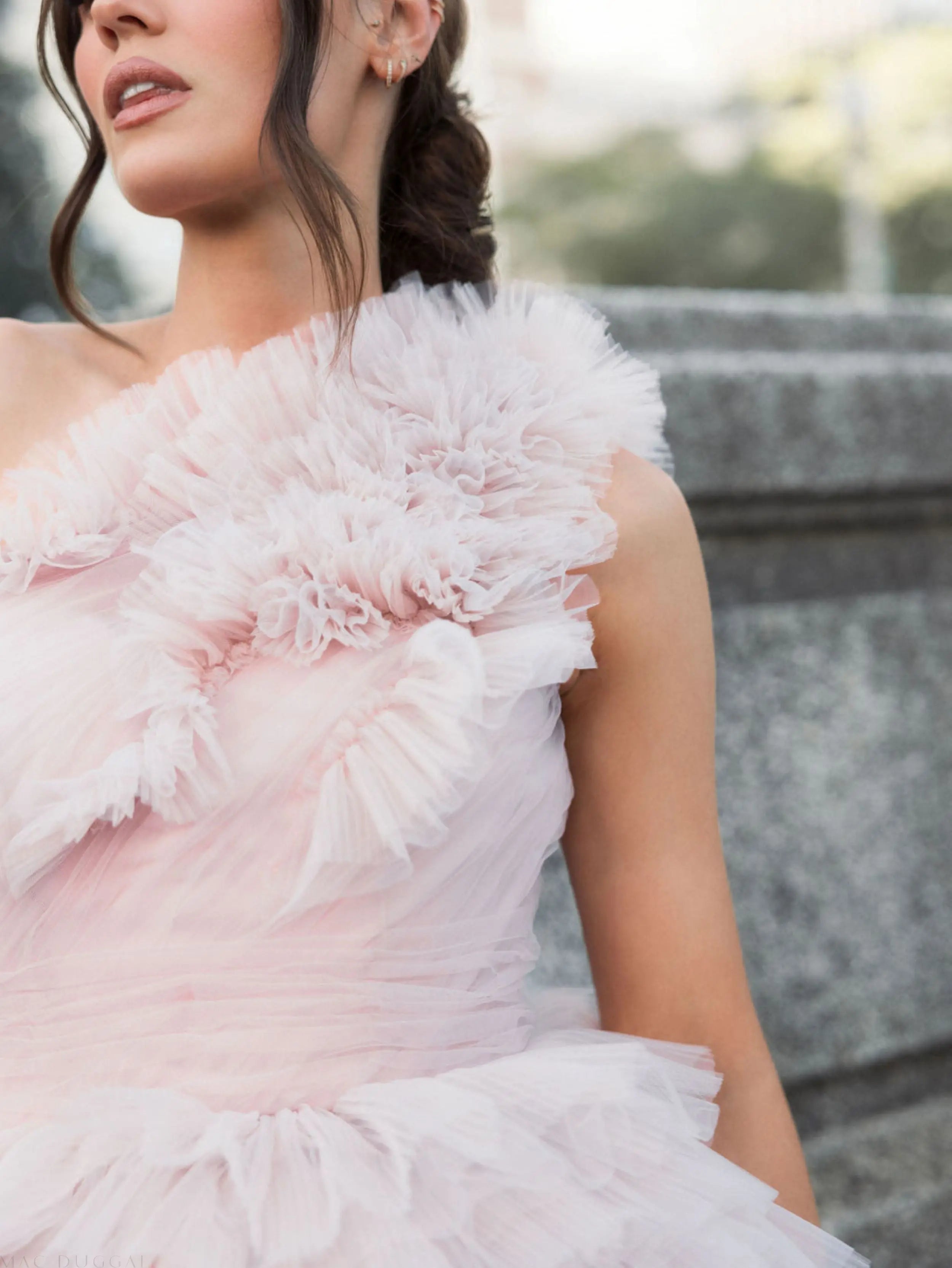 Pink Tulle Ruffle One Shoulder Mini Dress