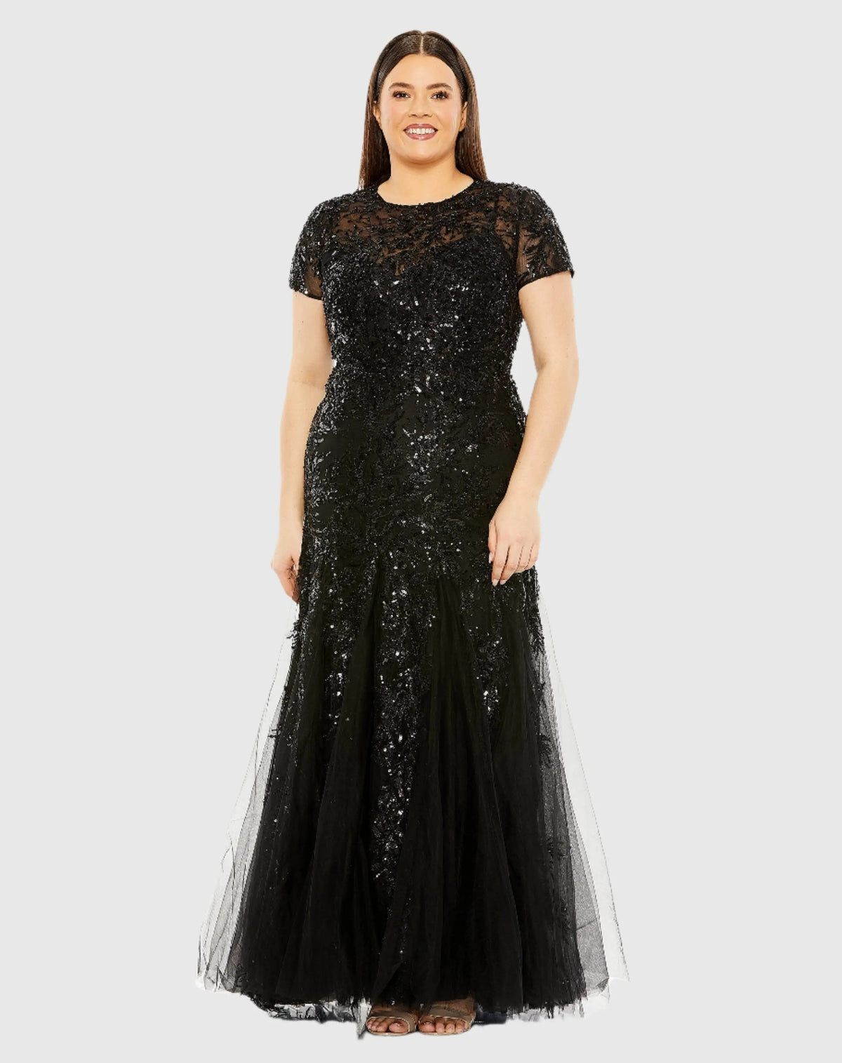 Black Hand Embellished Short Sleeve Gown (Plus)