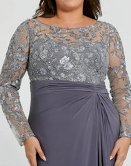 Gray Embroidered Top Jersey Skirt Gown (Plus)