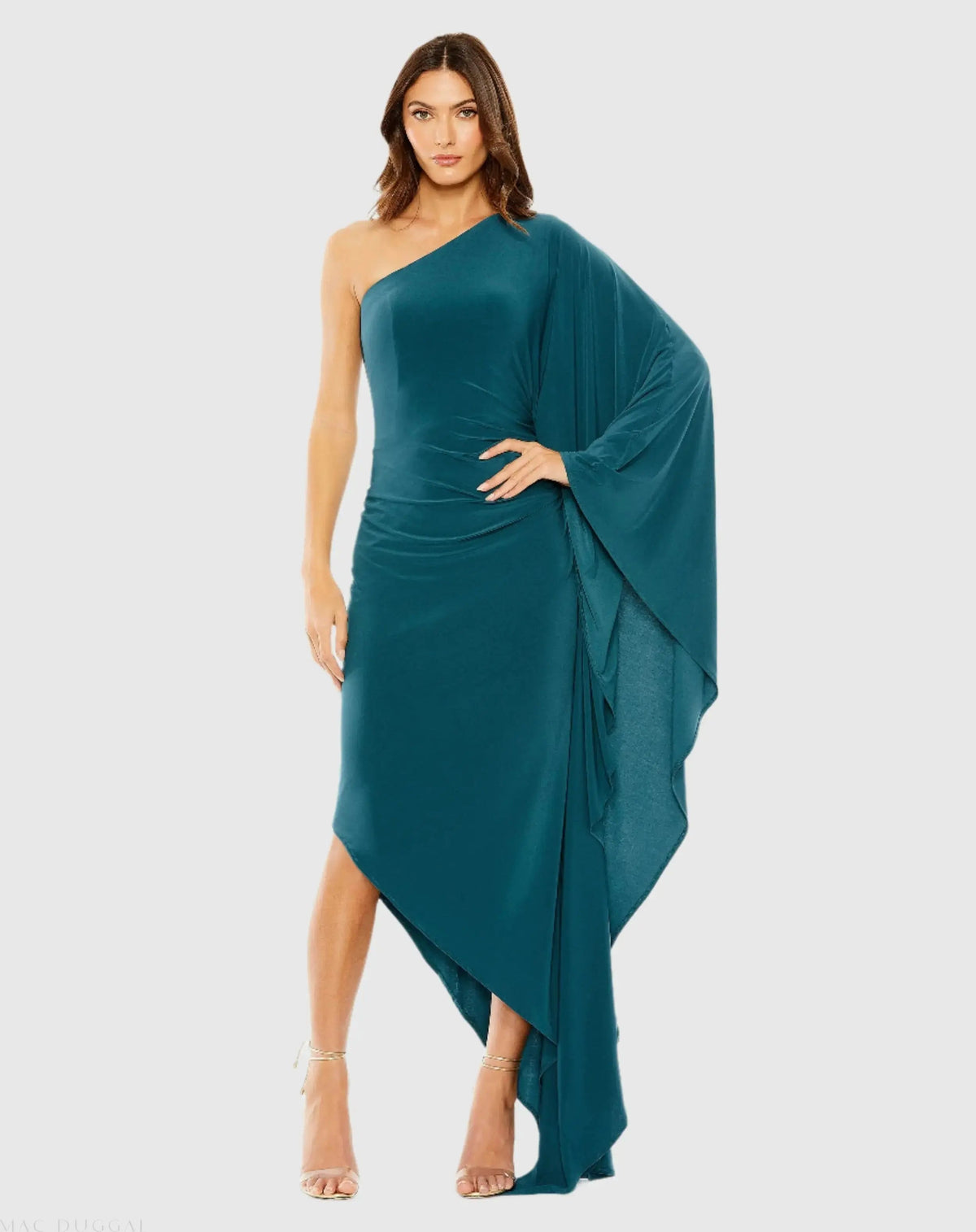 Blue One Shoulder Cape Sleeve Ruched Detail Jersey Dress
