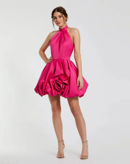 Pink Halter Neck Bubble Hem Satin Mini Dress