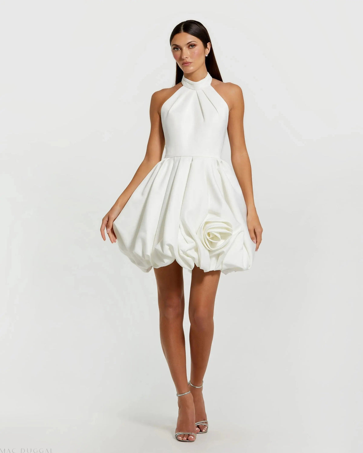 White Halter Neck Bubble Hem Satin Mini Dress