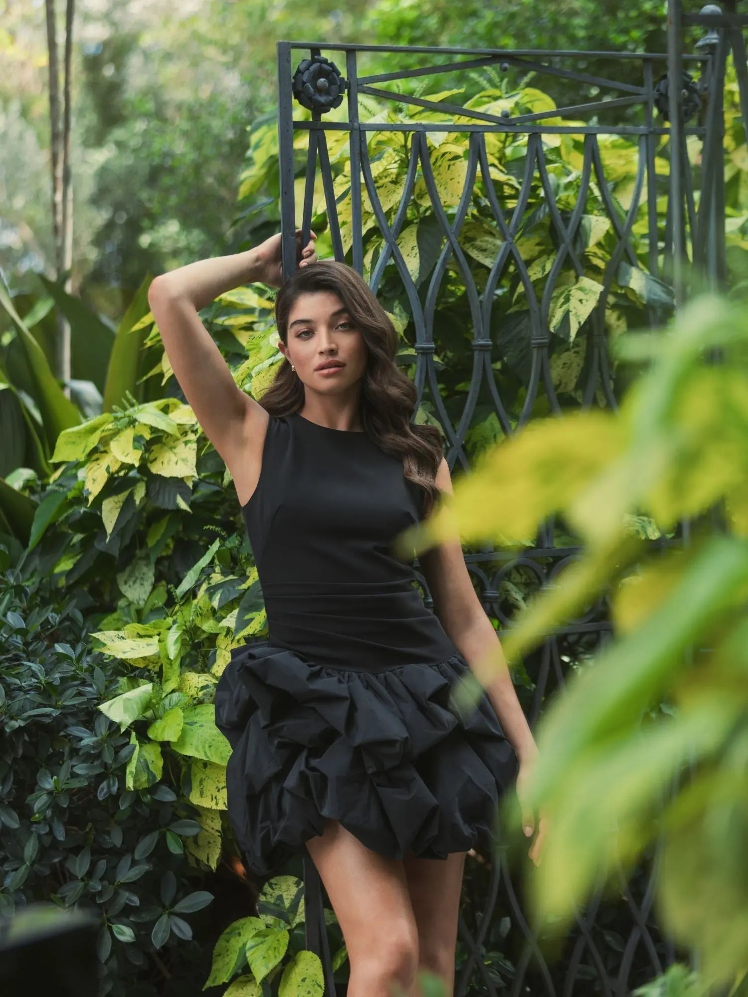 Black Sleeveless Crepe Bubble Skirt Mini Dress