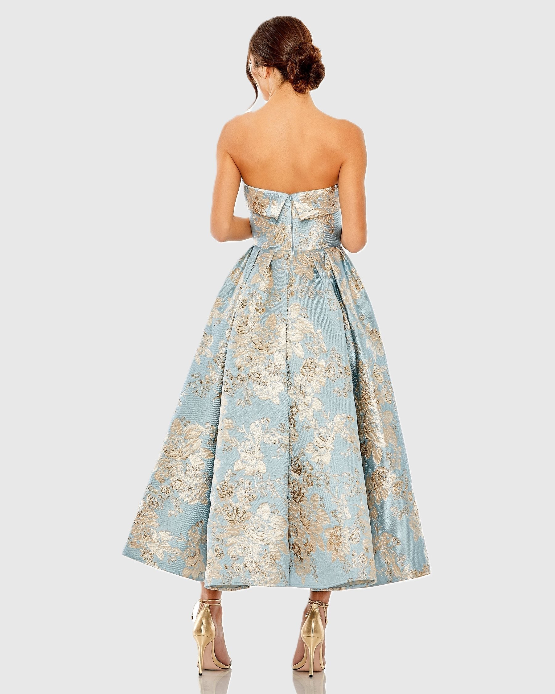 Blue Strapless Brocade Midi Dress with Pockets