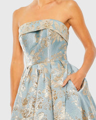 Blue Strapless Brocade Midi Dress with Pockets