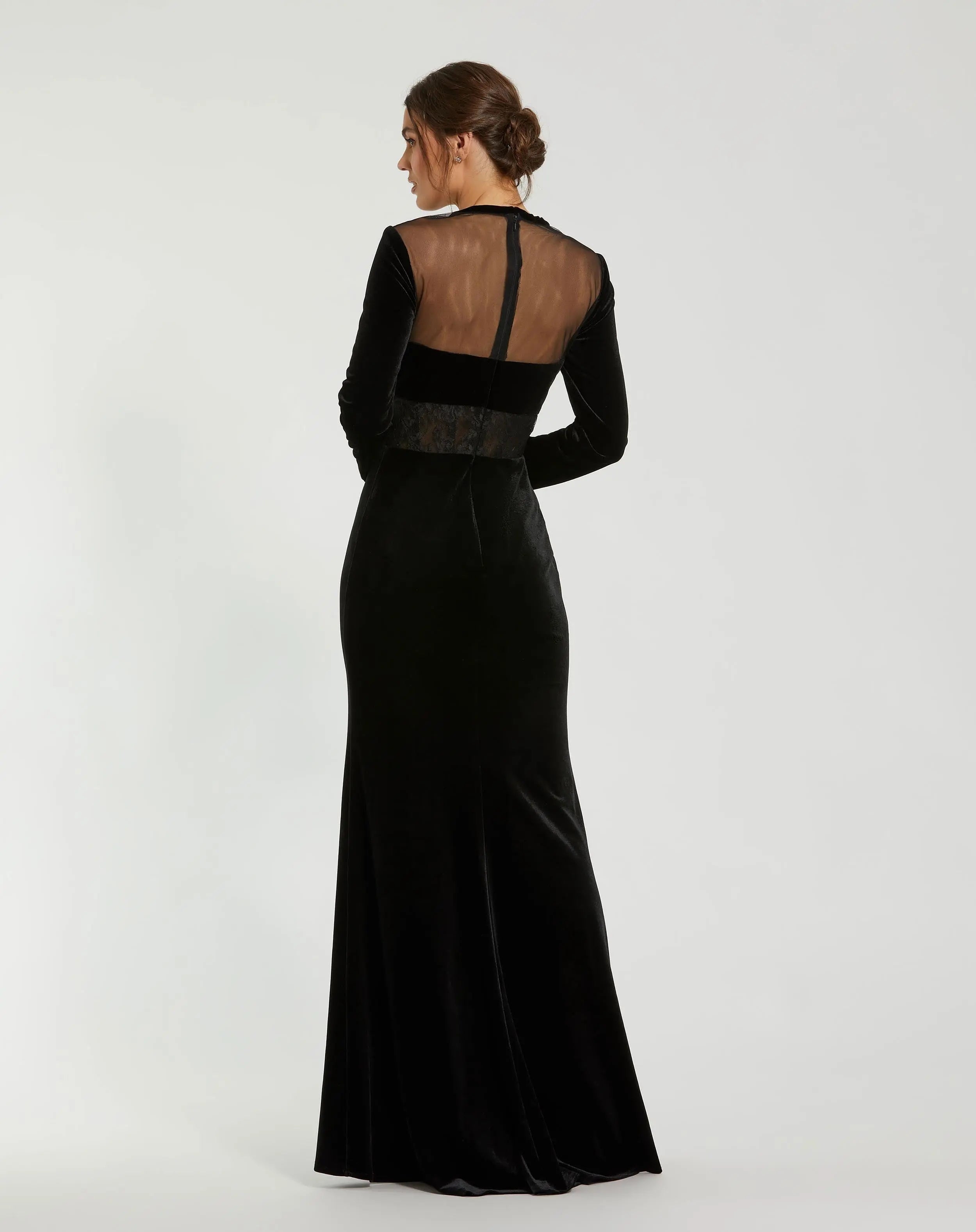 Black Long Sleeve Sheer Top Lace Bustier Velvet Gown