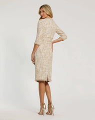 Beige 3/4 Sleeve Beaded Trim Patch Pocket Tweed Midi Dress