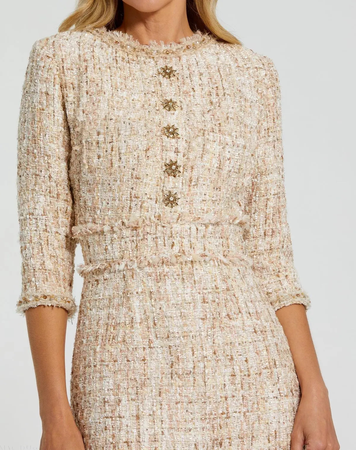 Beige 3/4 Sleeve Beaded Trim Patch Pocket Tweed Midi Dress