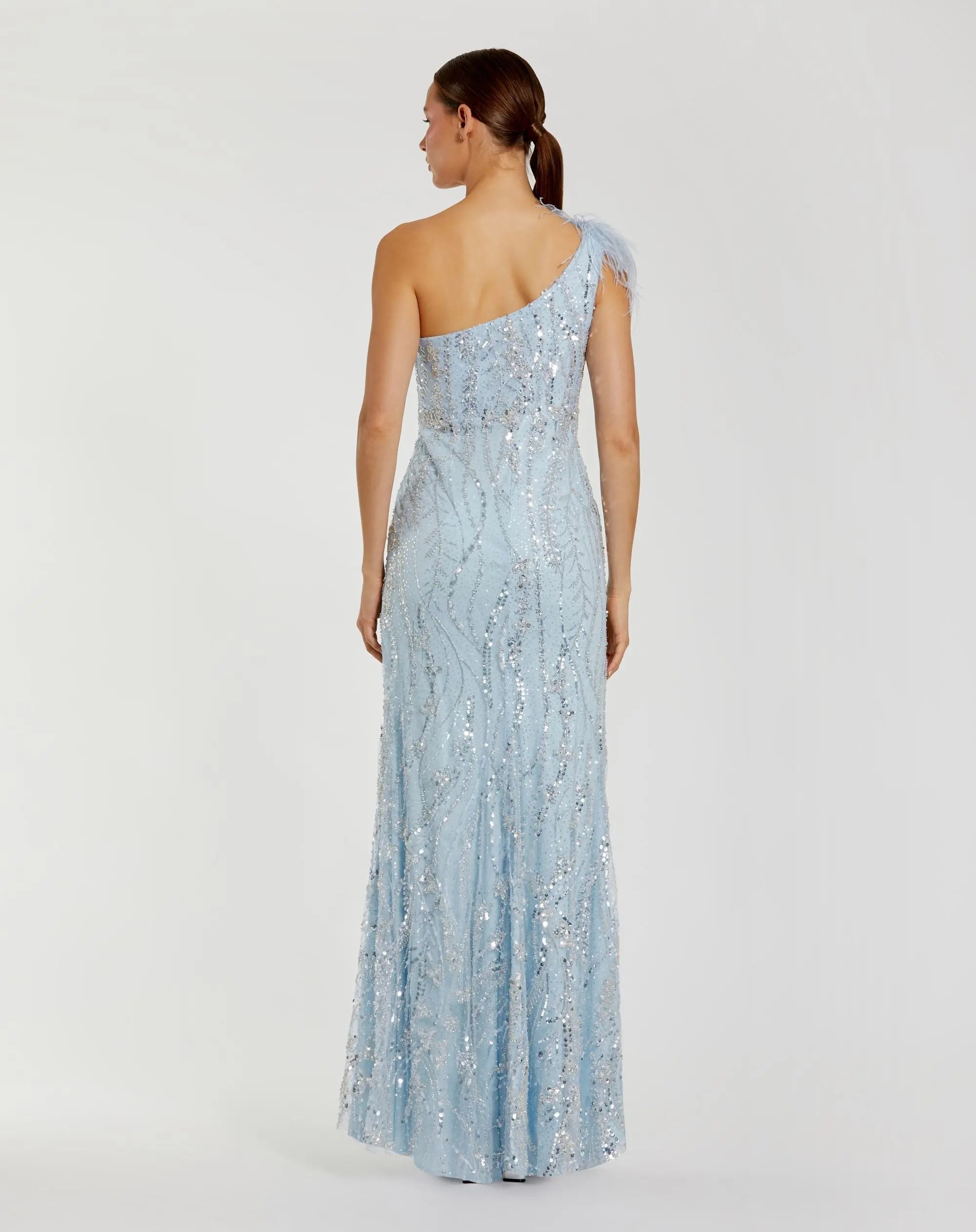 Blue Feathered One Shoulder Embellished Applique Gown