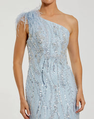 Blue Feathered One Shoulder Embellished Applique Gown
