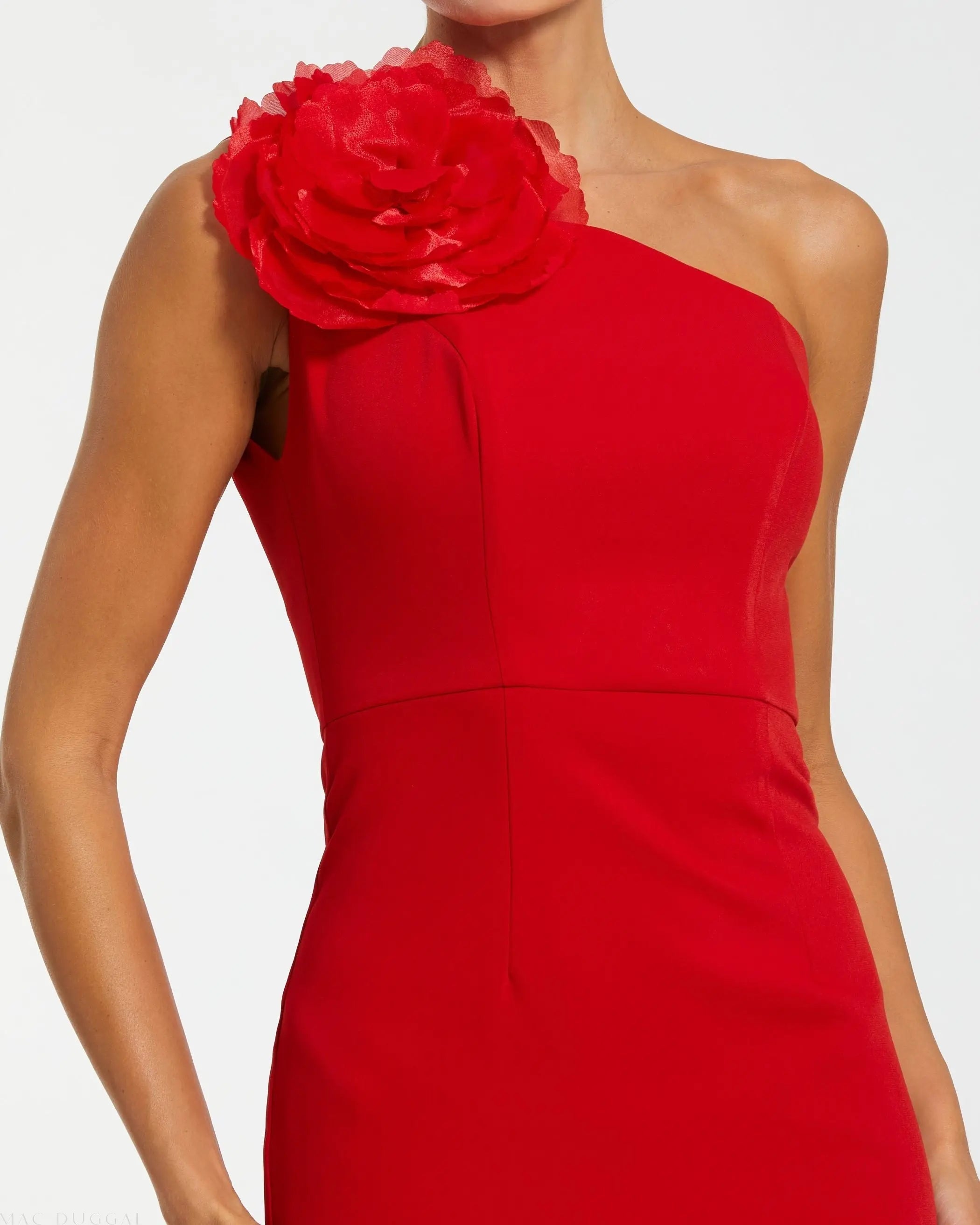 Red Crepe One Shoulder Midi Dress With Flower