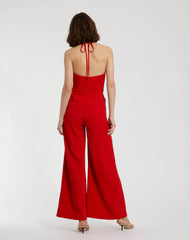 Red Halter Neck Crepe Jumpsuit With Flower