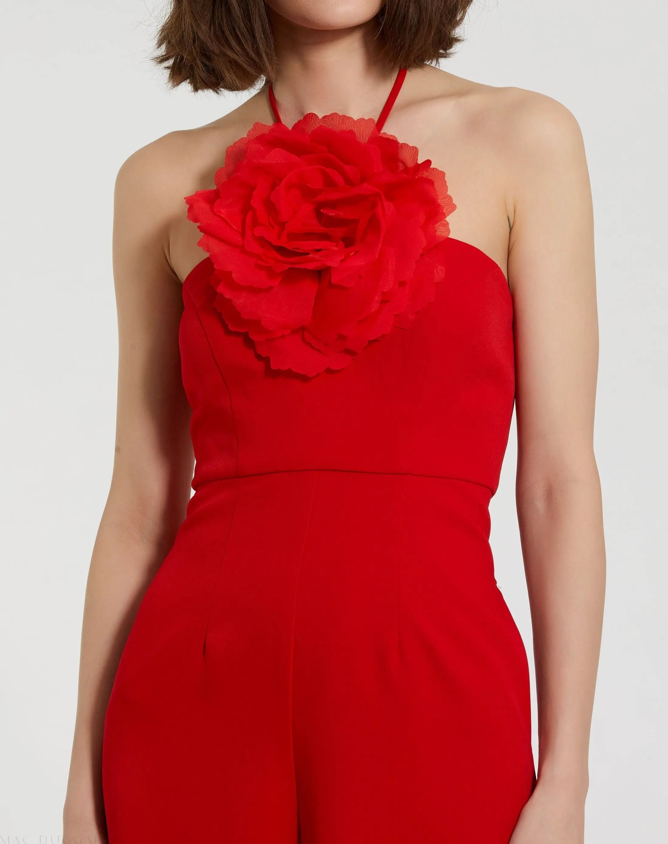Red Halter Neck Crepe Jumpsuit With Flower