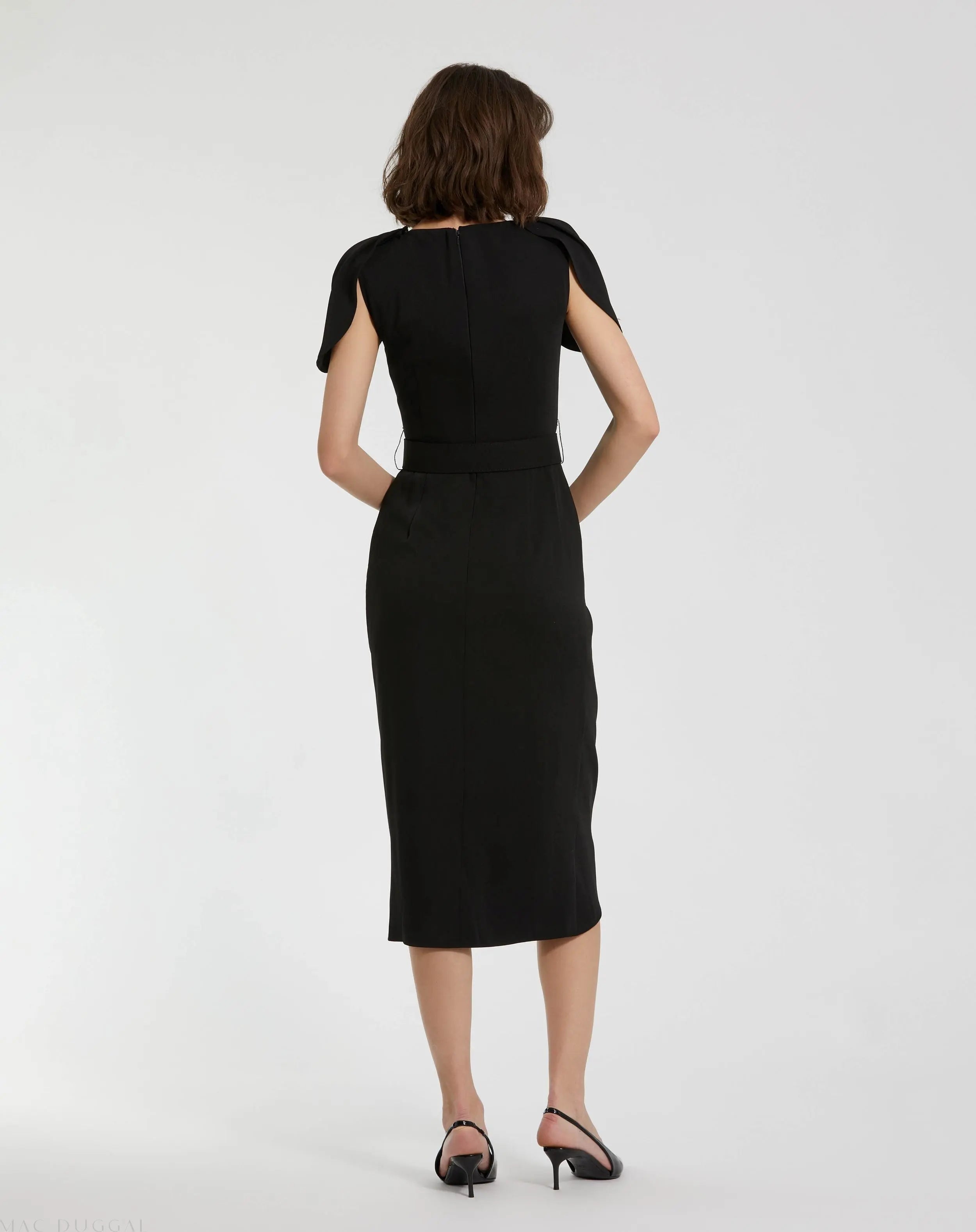 Black Crepe Boat Neck Midi Tulip Dress With Belt