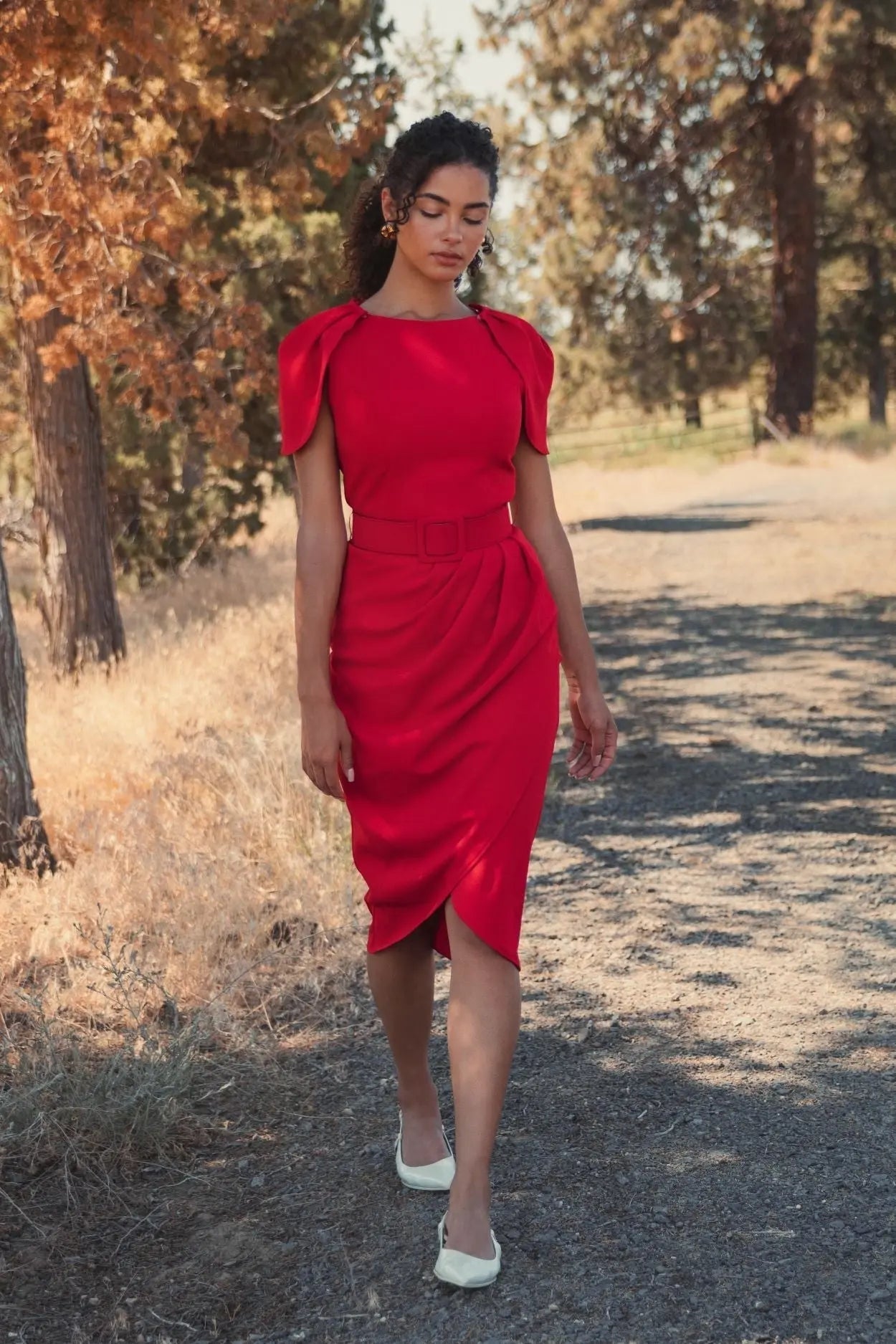 Red Crepe Boat Neck Midi Tulip Dress With Belt