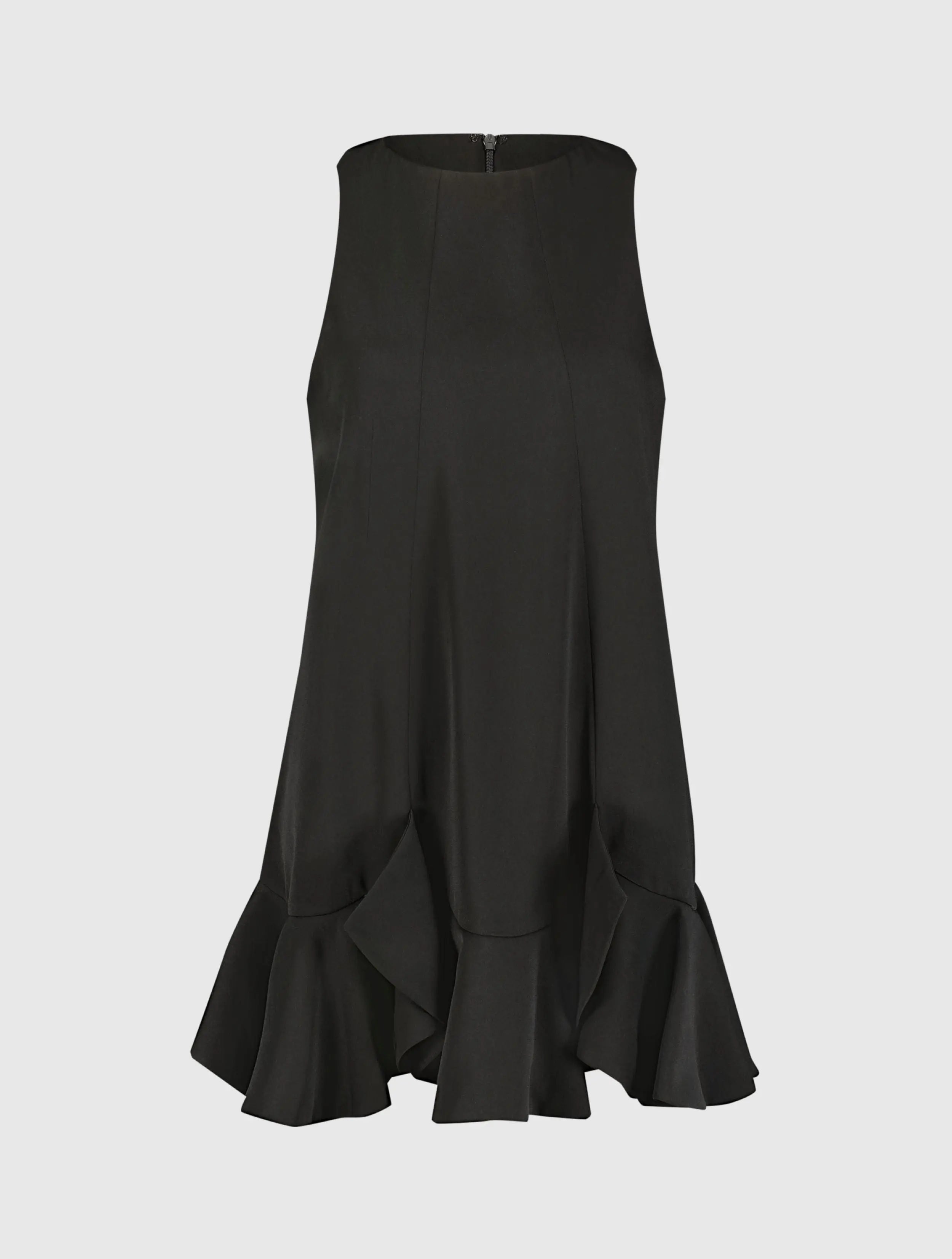 The Mia Black High Neck Sleeveless Crepe Mini Dress With Ruffle Hem