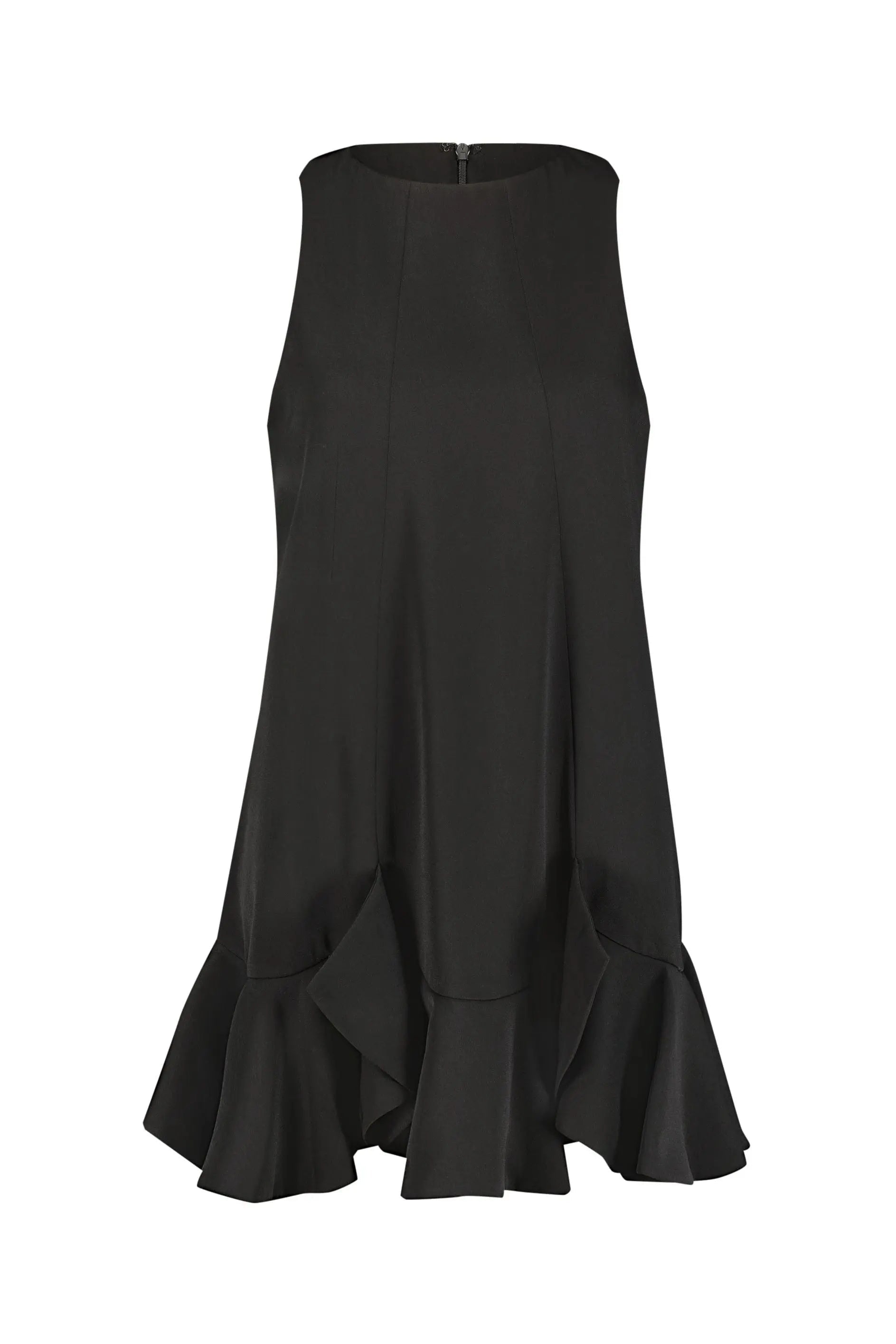 The Mia Black High Neck Sleeveless Crepe Mini Dress With Ruffle Hem