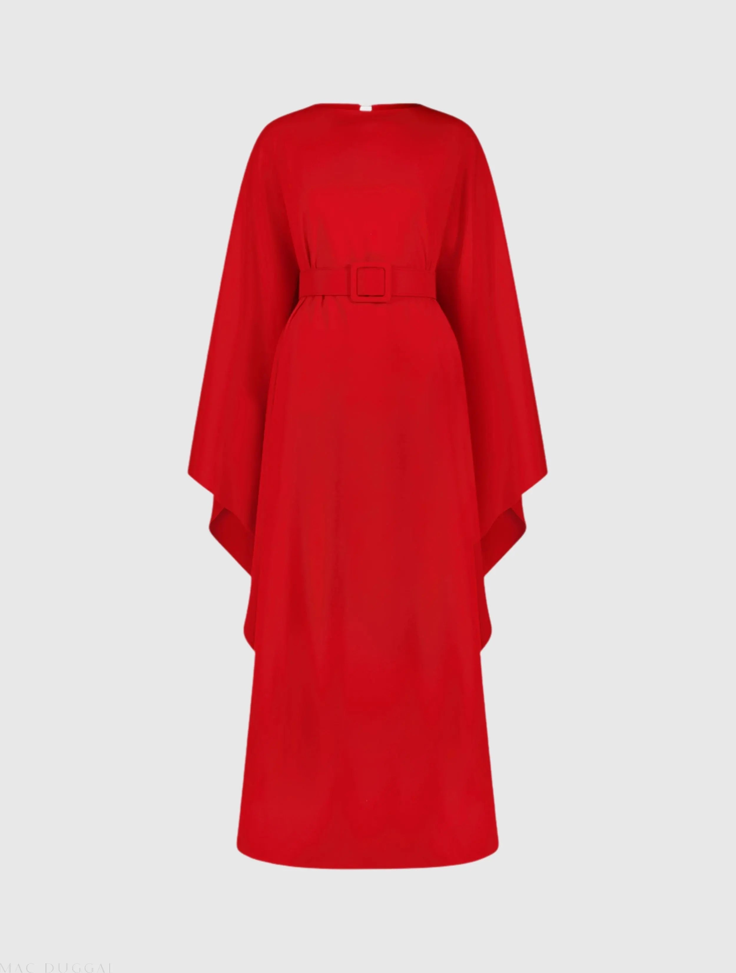 Red Crepe Boat Neck Kaftan Maxi Dress With Belt