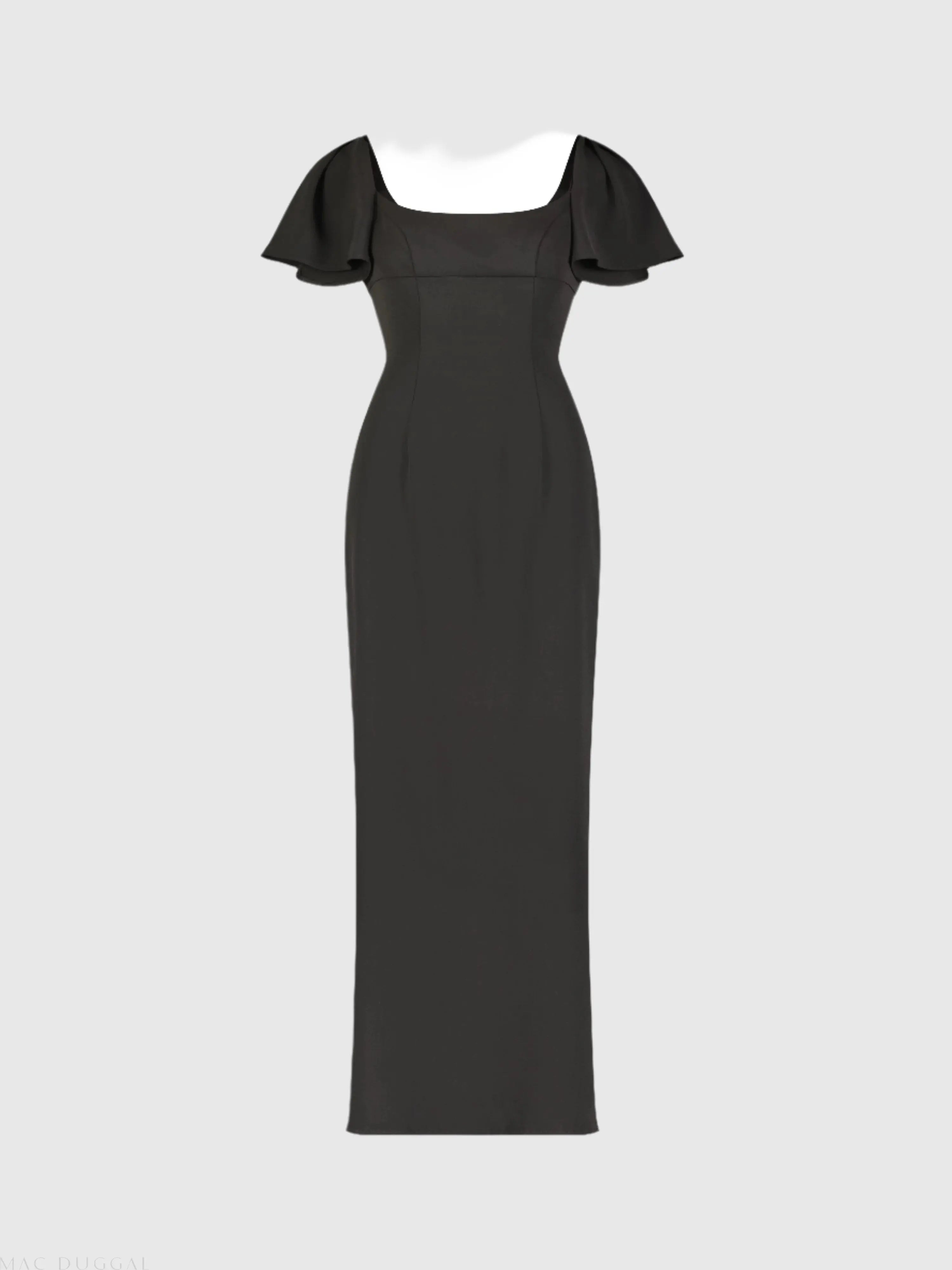 Black Crepe Fitted Long Dress With Short Ruffle Sleeves