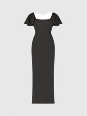 Black Crepe Fitted Long Dress With Short Ruffle Sleeves