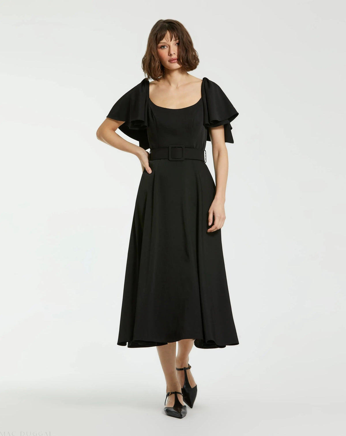 Black Crepe Ruffle Sleeve Midi Dress With Belt