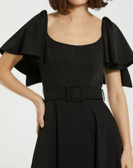 Black Crepe Ruffle Sleeve Midi Dress With Belt