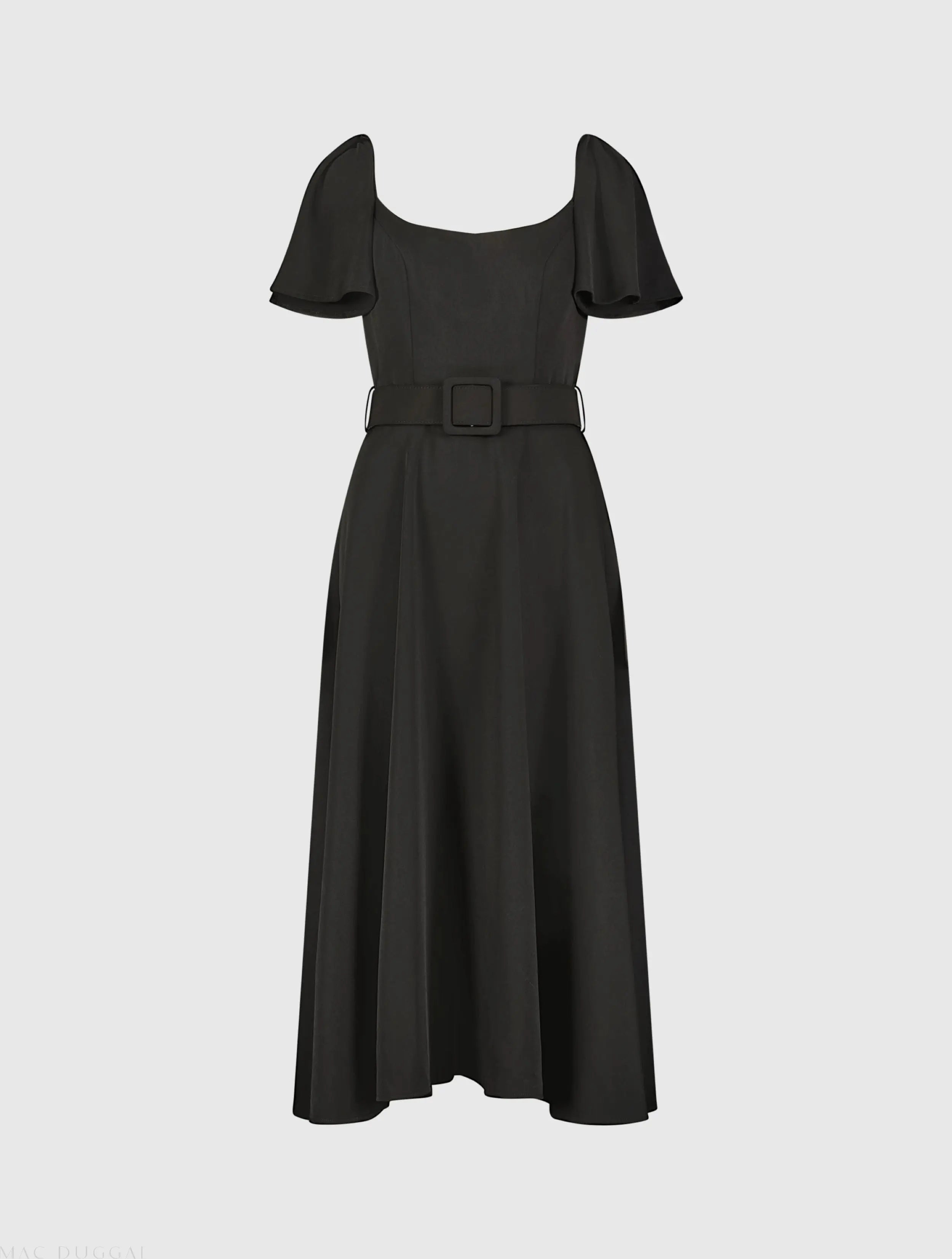 Black Crepe Ruffle Sleeve Midi Dress With Belt