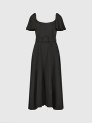Black Crepe Ruffle Sleeve Midi Dress With Belt