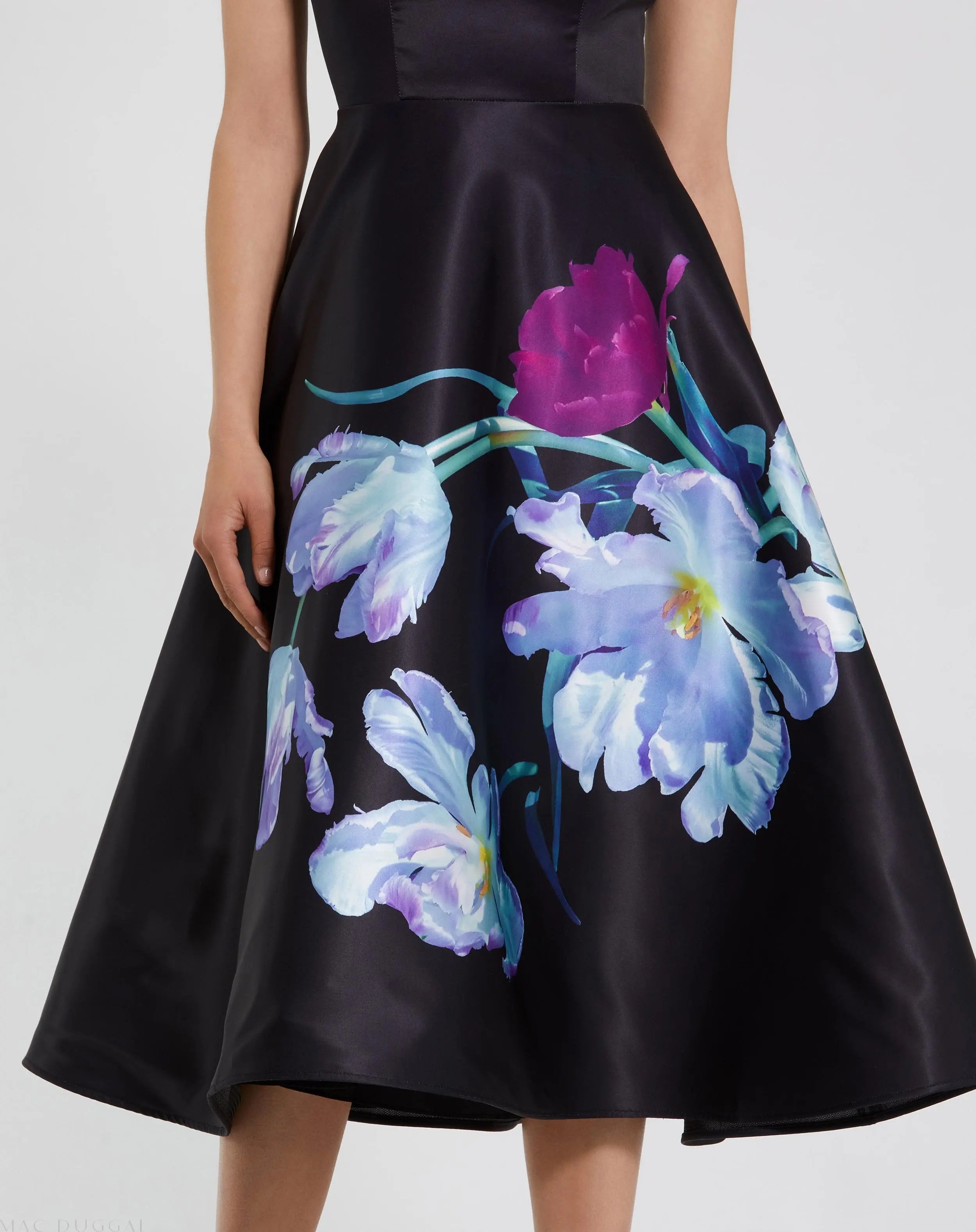 Black Satin Cap Sleeve Midi Dress With Floral Print