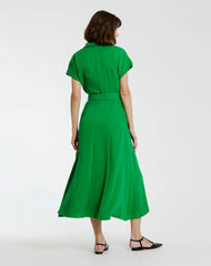 Green Crepe Collared Short Sleeve Midi Dress With Belt
