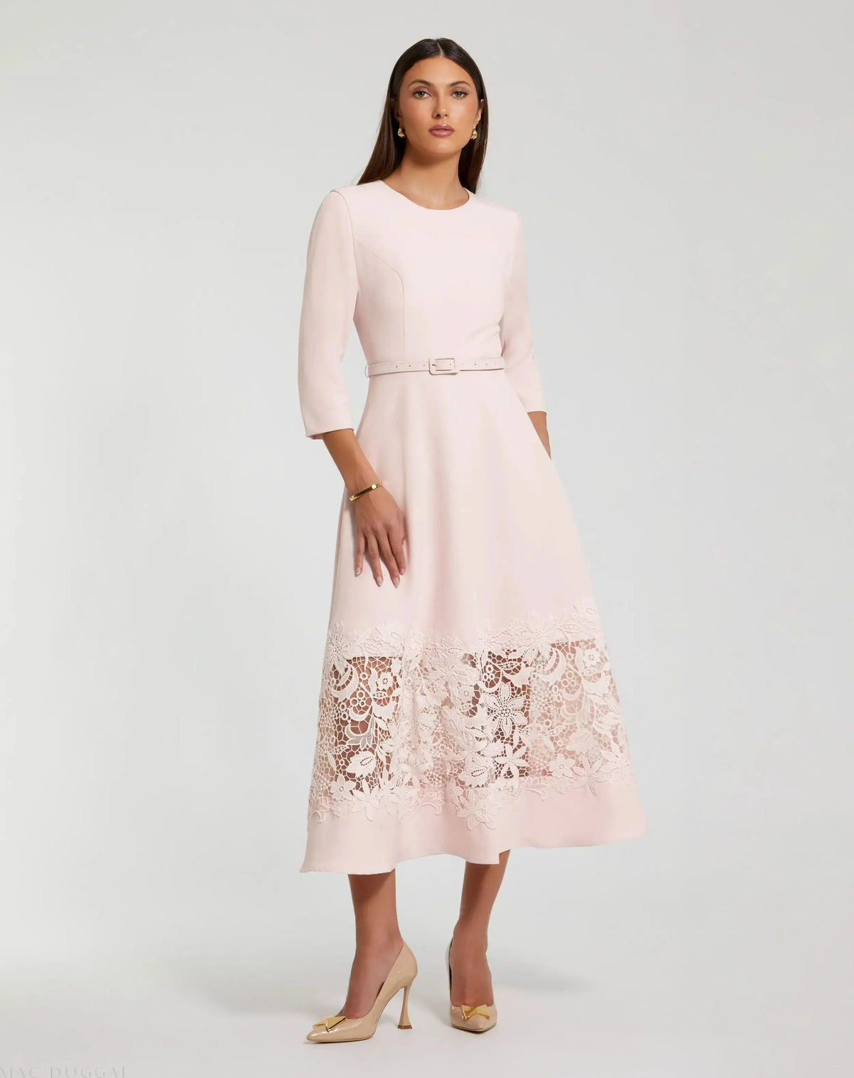 Pink Crepe Boat Neck Midi Dress With Applique Cut Out