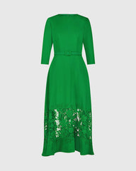 Green Crepe Boat Neck Midi Dress With Applique Cut Out