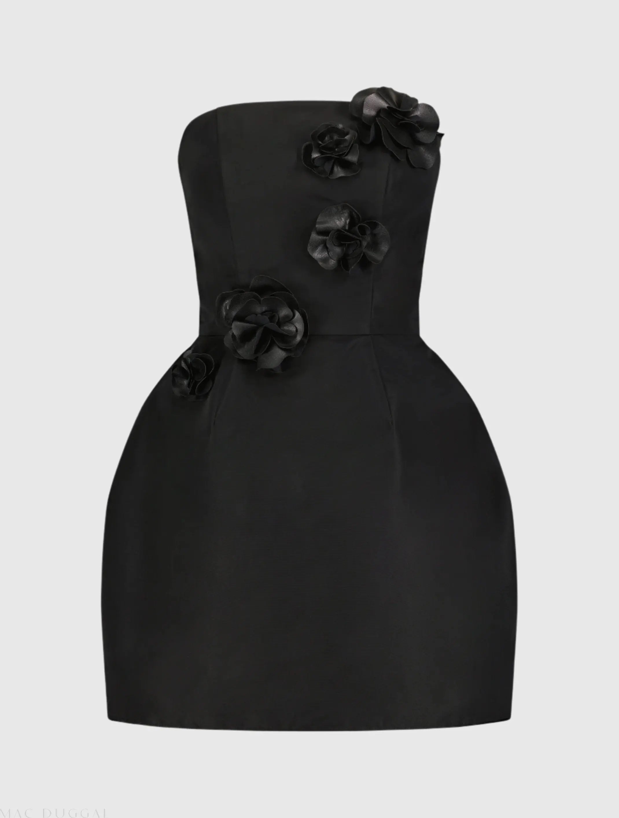 Black Strapless Faille Mini Dress With 3D Flower Detail