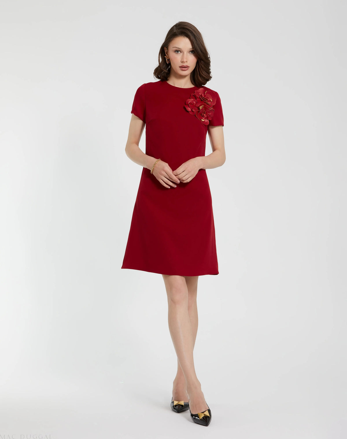 Red Crepe Cap Sleeve Mini Dress With 3D Flower Details