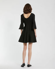 Black Crepe Square Neck 3/4 Sleeve Godet Mini Dress