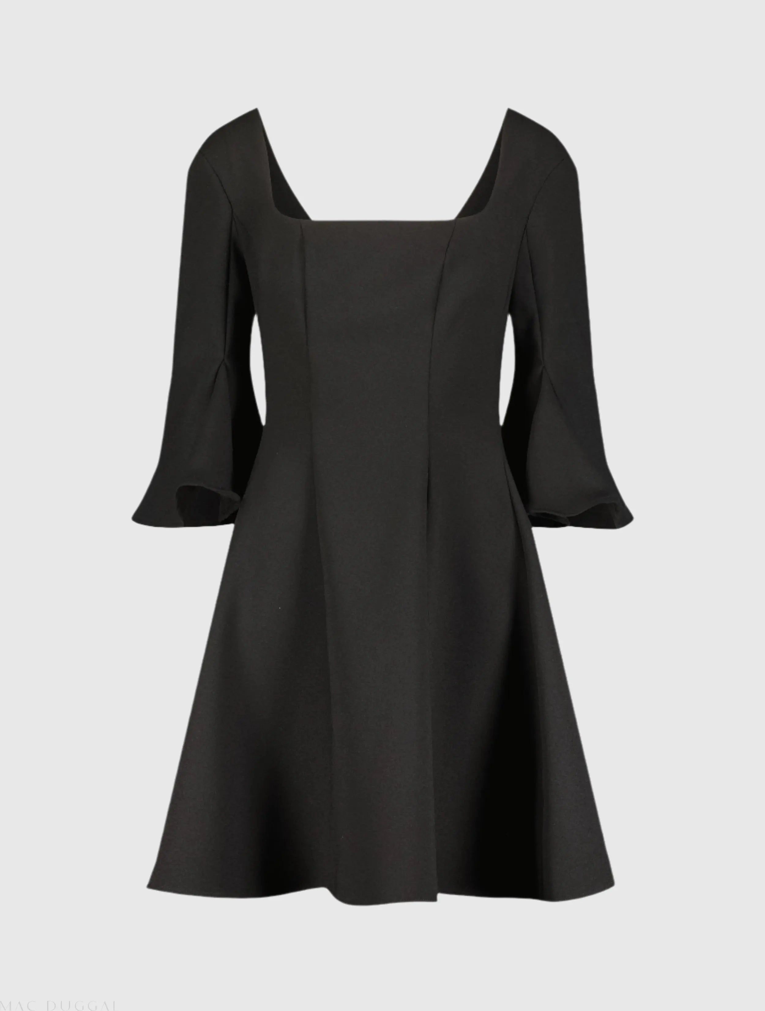 Black Crepe Square Neck 3/4 Sleeve Godet Mini Dress