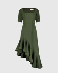 Green Crepe 3/4 Sleeve Asymmetrical Hem Dress - FINAL SALE