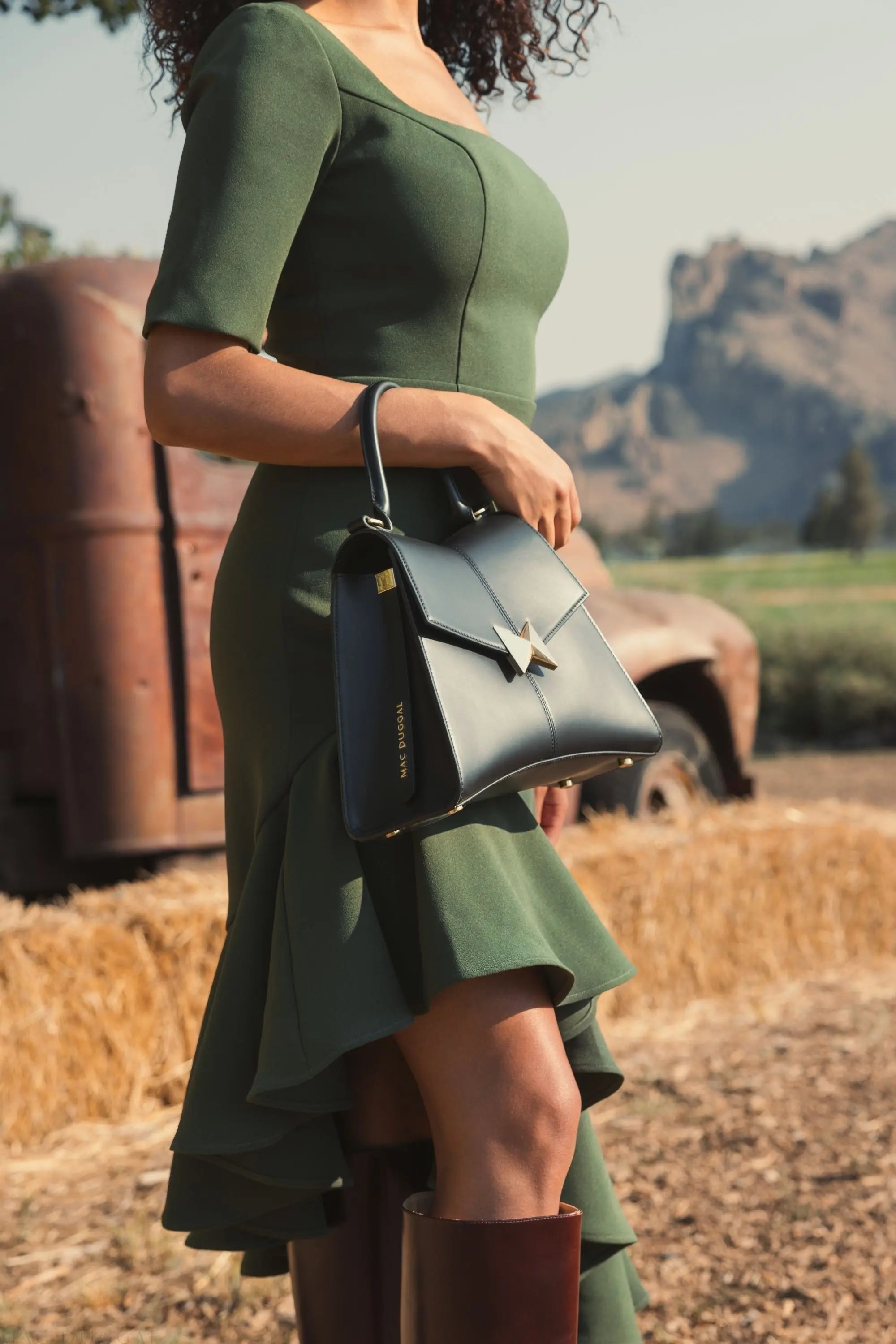 Green Crepe 3/4 Sleeve Asymmetrical Hem Dress - FINAL SALE