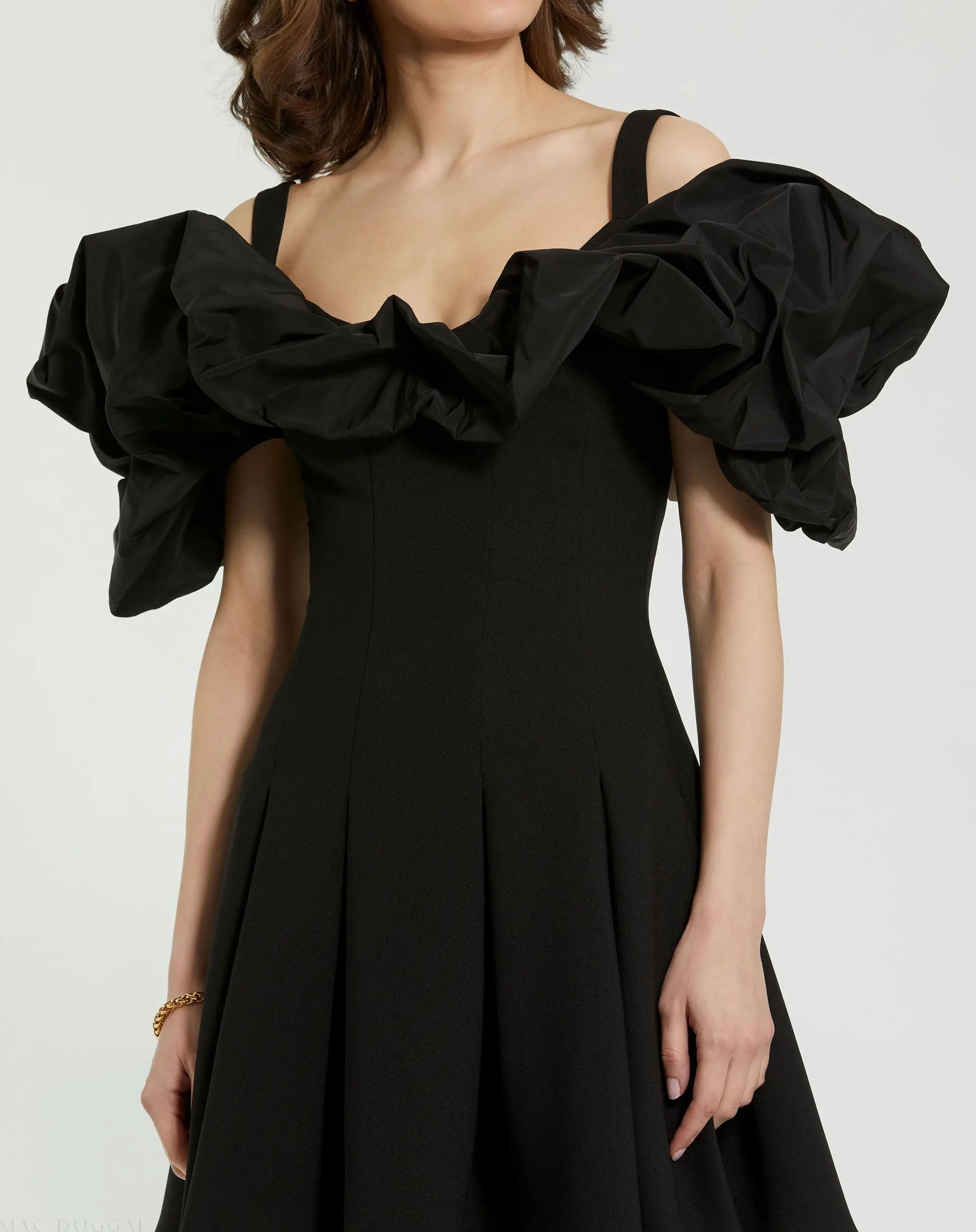 Black Crepe Godet Hem Mini Dress With Faille Ruffle