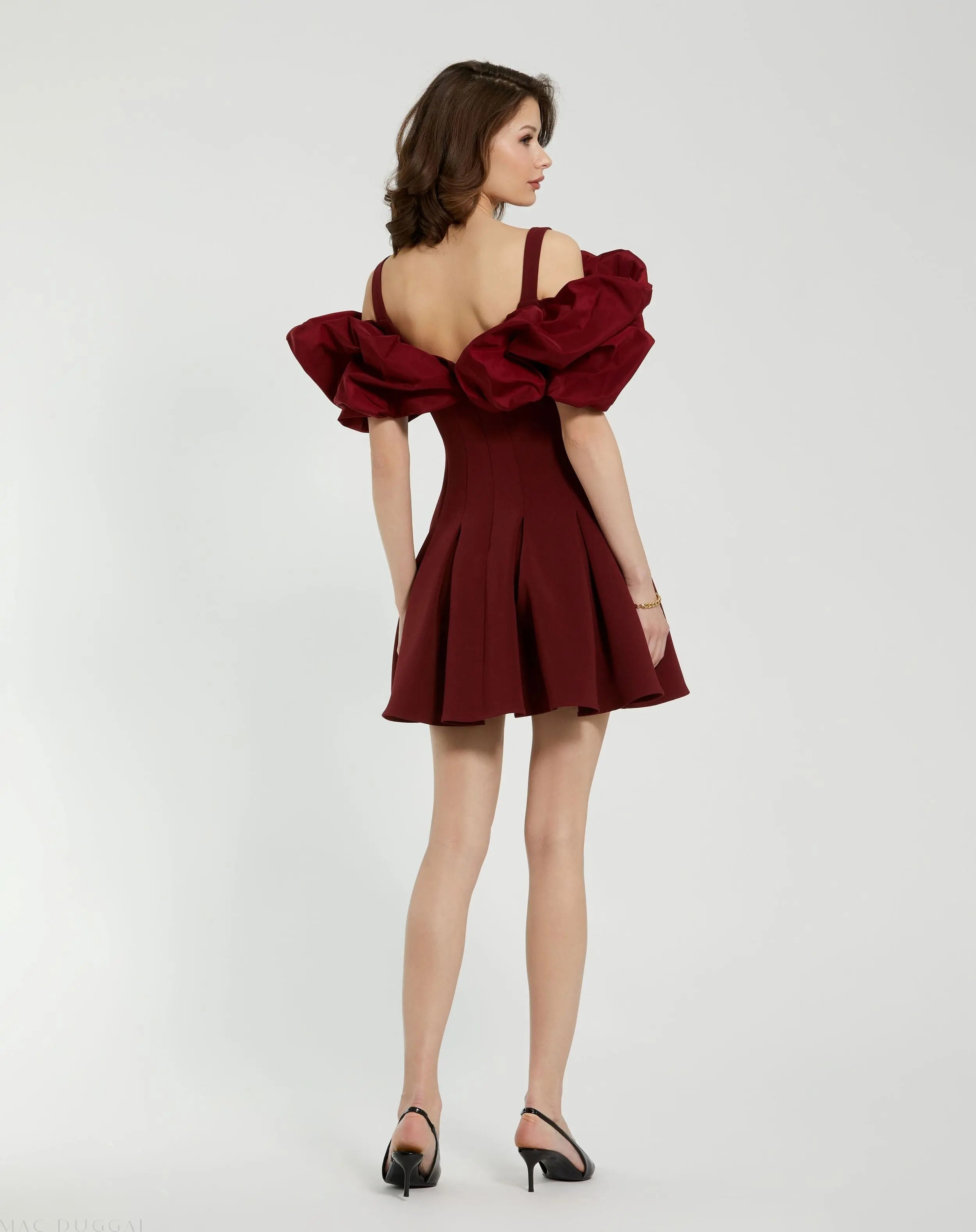 Red Crepe Godet Hem Mini Dress With Faille Ruffle