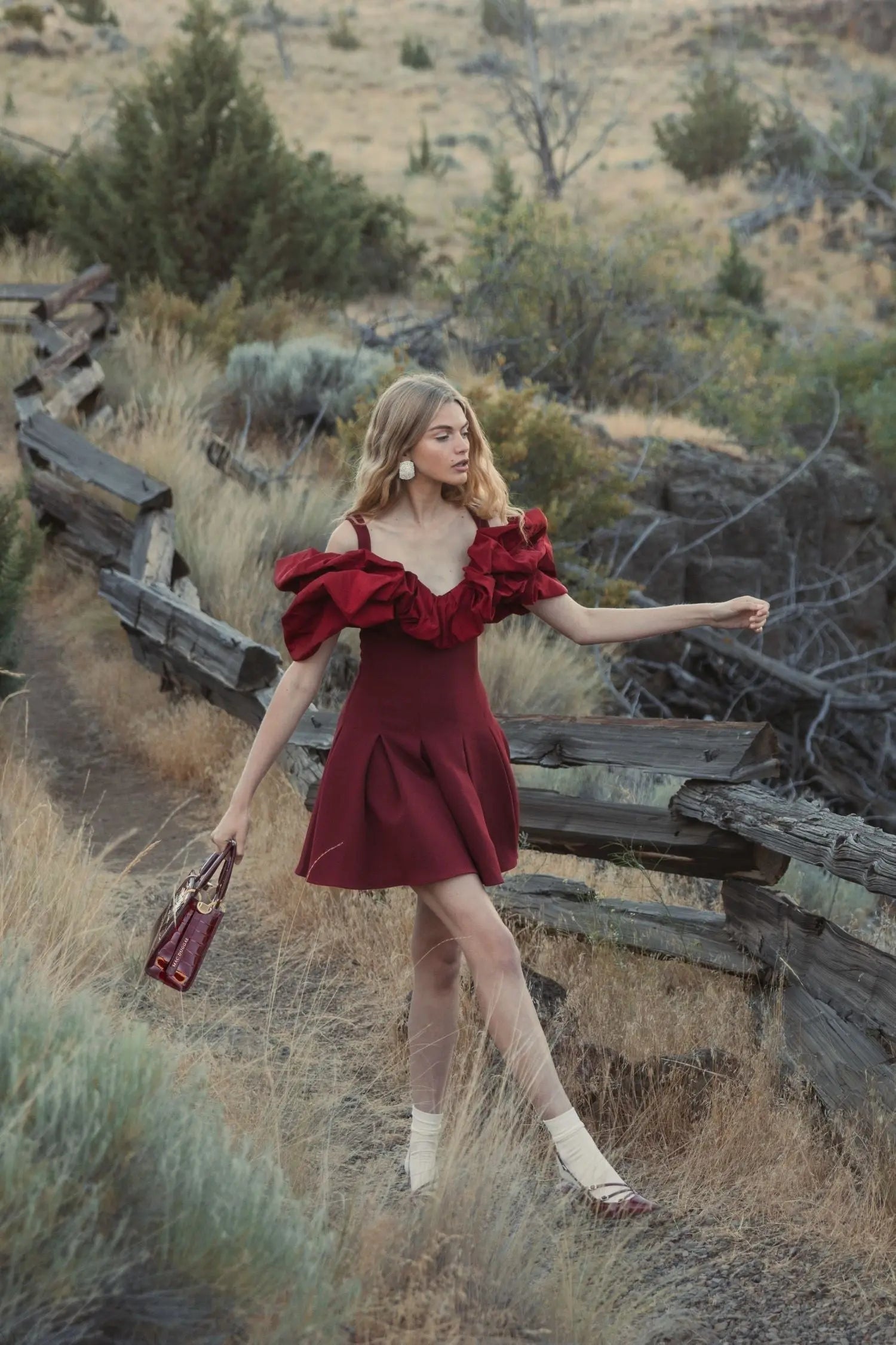 Red Crepe Godet Hem Mini Dress With Faille Ruffle
