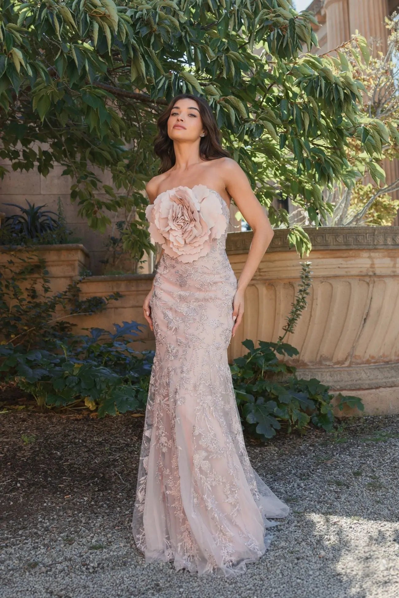 Pink Strapless Lace Embellished Trumpet Gown With 3D Flower