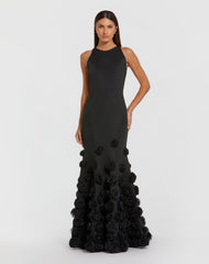 Black Sleeveless Crepe Mermaid Gown with 3D Floral Hem