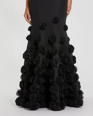 Black Sleeveless Crepe Mermaid Gown with 3D Floral Hem