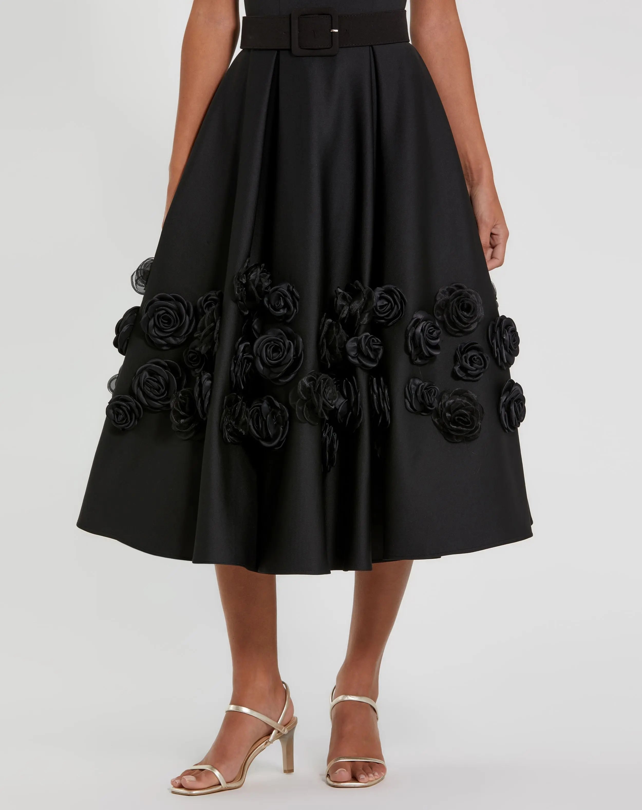Black Satin Cap Sleeve A Line Midi Dress With 3D Flowers