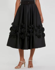 Black Satin Cap Sleeve A Line Midi Dress With 3D Flowers